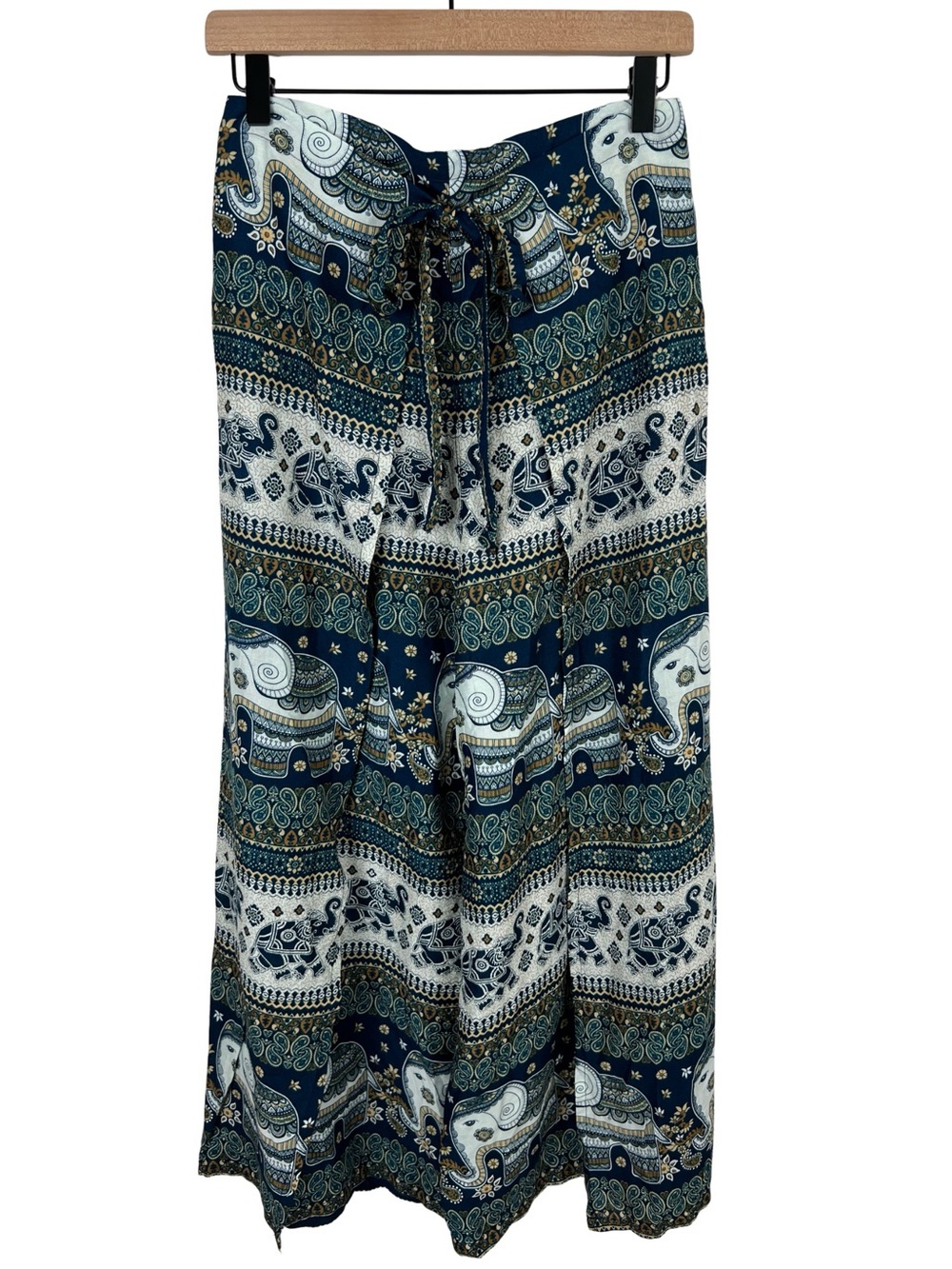 Thai Boho Wide-Leg Wrap Palazzo Pants Small Elephant Print